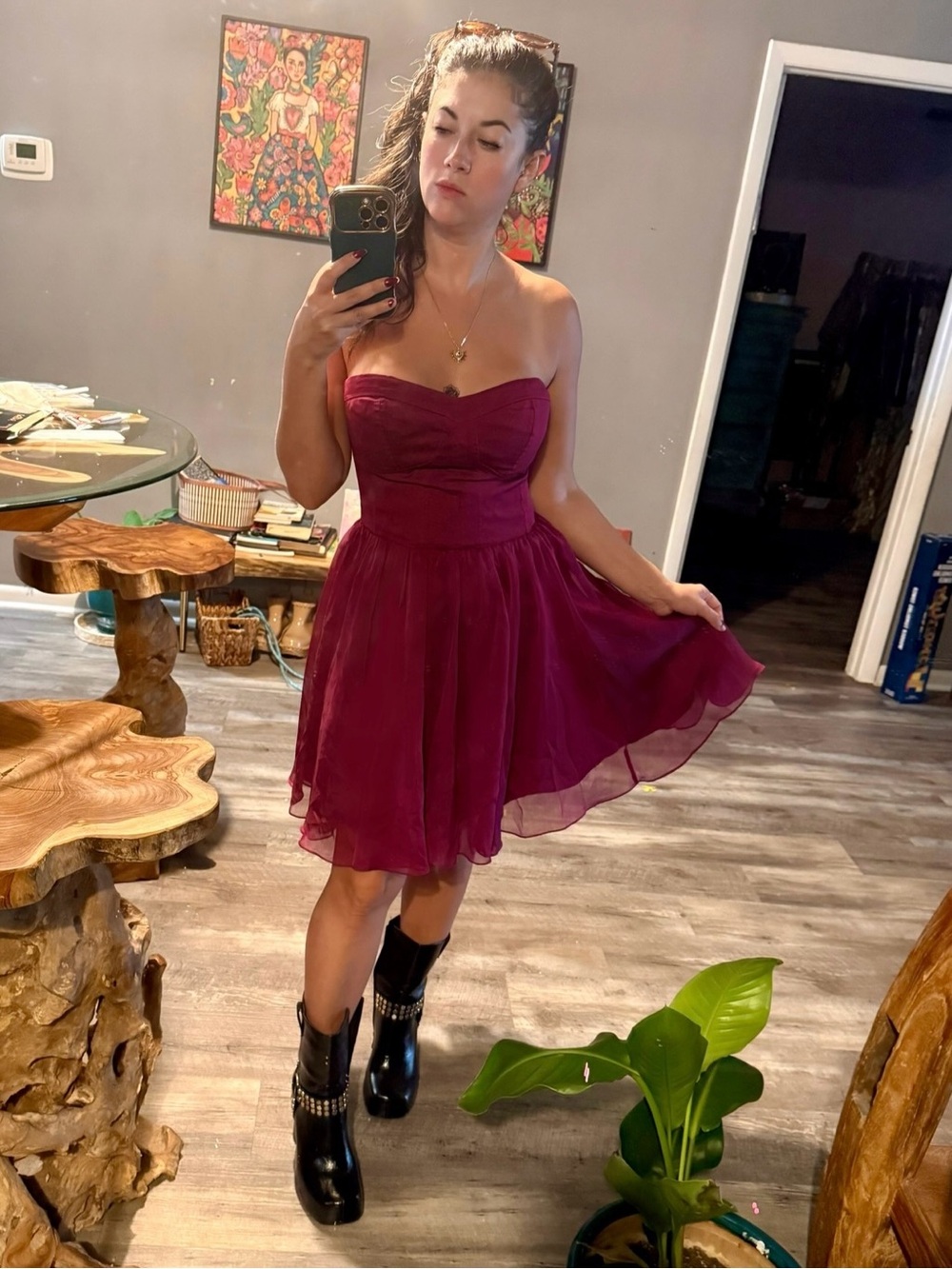 Guess Strapless Wine-Red Chiffon Cocktail Dress